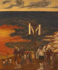 Os Missionarios by E. P. Sigaud, 1971, óleo sobre cartão colado em placa, offered Mar 2020