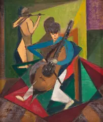 Músicos by Sérgio Milliet, têmpera sobre madeira, offered Nov 2019