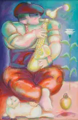 Saxofonista by Helenos Silva, 1992, óleo sobre tela, offered Aug 2019