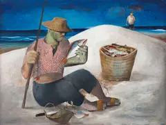 Pescador by Newton Rezende, 1974, óleo e colagem sobre placa, offered Mar 2019