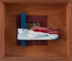 Sem Título by Hudinilson Júnior, 1984, colagem montada em caixa de madeira, offered Mar 2019