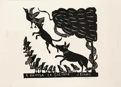 Jose Borges, A Raposa e a Galinha, 1980, xilogravura sobre papel