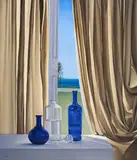 Miguel Nuñez, Cortinado com Garrafas, óleo sobre tela