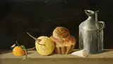 Jorge Mori, Vida Silenciosa com Brioche, óleo sobre placa