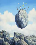 Aparição Geológica Magritteana ao Cair da Tarde by Glauco Costa, 1986, óleo sobre tela, offered Nov 2017