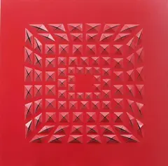 Gianluca Piaccione, Fold The Red, acrílica sobre tela dupla cortada, dobra e aplicada em madeira