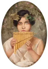Tocando Flauta Panpipe by Pedro Weingärtner, 1909, óleo sobre tela, offered Jun 2017