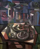 Composição com Casas, Mesa e Peixes by Di Cavalcanti, óleo sobre tela, offered Mar 2017