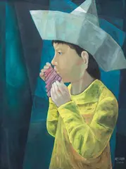 Menino Tocando by Harry Elsas, óleo sobre tela, offered Dec 2015