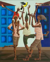 Clóvis Graciano, Quatro Músicos e Pássaros, 1973, óleo sobre tela