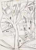 Aldo Bonadei, Paisagem com Casario, 1972, técnica mista sobre papel