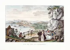 Gaspard Duché de Vancy, VUE DE L‘ISLE SAINTE CATHERINE, gravura em metal, aquarelado