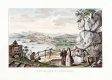 Gaspard Duché de Vancy, VUE DE L‘ISLE SAINTE CATHERINE, gravura em metal, aquarelado