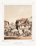 Adolphe Hastrel de Rivedoux, RIO DE JANEIRO - UM MERCADO DE BARRACAS (USOS E COSTUMES)., 1847, litografia aquarelada
