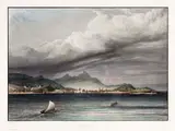 Barthélemy Lauvergne, VISTA DA CIDADE DO RIO DE JANEIRO COM O CORCOVADO, TOMADA DO MAR, 1835, gravuras em aquatinta
