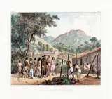 Johann Moritz Rugendas, ALDEIA DOS TAPUYOS, 1835, litografia aquarelada
