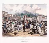 Johann Moritz Rugendas, PUNITIONS PUBLIQUES SUR LA PLACE Ste. ANNE - RIO DE JANEIRO, 1835, litografia aquarelada