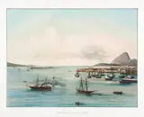 Charles Ribeyrolles, PANORAMA DO RIO DE JANEIRO ENTRÉE DE LA BAIE, 1861, litografia aquarelada