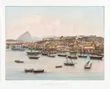Charles Ribeyrolles, PANORAMA DE RIO DE JANEIRO, CASTELO E HOPITAL MILITAIRE, 1861, litografia aquarelada