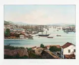 Charles Ribeyrolles, PANORAMA DE RIO DE JANEIRO, PORT MARCHAND DE LA SAÚDE, 1861, litografia aquarelada
