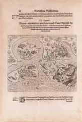REGIÃO DE SÃO VICENTE COM A ILHA DE SÃO VICENTE E SANTO AMARO, OFORTE DE BERTIOGA E A LOCALIDADE DE ITANHAEM by Theodor de Bry, gravura em metal, offered Jun 2014