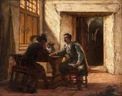 Gerke Henkes, Dois Personagens Conversando na Mesa, óleo sobre madeira