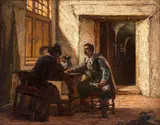 Gerke Henkes, Dois Personagens Conversando na Mesa, óleo sobre madeira