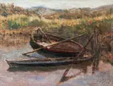 Alfredo Volpi, Paisagem com Barco, óleo sobre tela