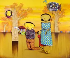 Osgemeos, De Baixo do Pé do Limoeiro, 2007, técnica mista sobre madeira (spray, óleo, massa, acrílico, colagem e instalações luminosas)