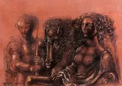 Cavaleiro e Dama by Marcelo Grassmann, 1977, lápis pastel sobre papel, offered Nov 2012