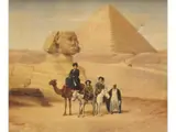 Oscar Chimchidian, Mujeres posan ante la esfinge de Gizeh y piramide de Kefren, Oleo sobre tela