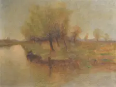 Stephen Koek Koek, Paisaje ribereño con arboles, Oleo sobre tela