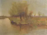 Stephen Koek Koek, Paisaje ribereño con arboles, Oleo sobre tela