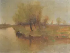 Stephen Koek Koek, Paisaje ribereño con arboles, Oleo sobre tela