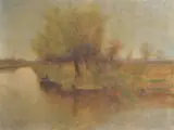 Stephen Koek Koek, Paisaje ribereño con arboles, Oleo sobre tela