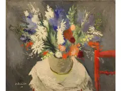 Héctor Basaldúa, Vaso de flores y silla roja, Oleo sobre tela