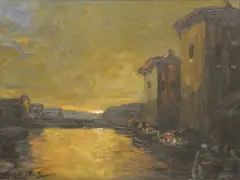 Stephen Koek Koek, Canal con construcciones, Oleo sobre Tabla
