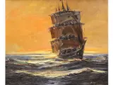 Stephen Koek Koek, Fragata al atardecer, Oleo sobre tabla