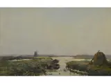 Jacques Witjens Stephan, Paisaje con canal y molino, Oleo sobre tabla