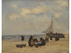 Pescadores en la playa by Jacques Witjens Stephan, Oleo sobre tabla, offered Dec 2025