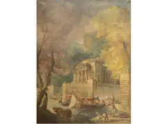 Hubert Robert, Paisaje, figuras y construcciones, Oleo sobre tela