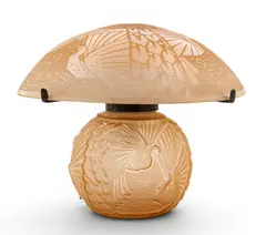 Muller Frères, Art Deco Peach-tone Uraline Glass 'Aux Paons' Table Lamp, Ca. 1925-30, Ca. 1925