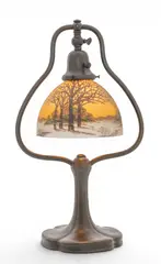 Handel, Lamp Company (American, 1885-1936) Reverse Painted Glass on Bronze Harp Base Boudoir Lamp, Ca. 1920, Depth 6.5", Ca. 1920