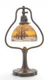 Handel, Lamp Company (American, 1885-1936) Reverse Painted Glass on Bronze Harp Base Boudoir Lamp, Ca. 1920, Depth 6.5", Ca. 1920