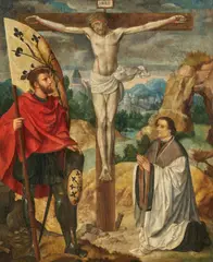 Bartholomaeus Bruyn d.Ä., Christus am Kreuz mit dem heiligen Gregorius Maurus und einem geistlichen Stifter, Um 1530, Öl auf Holz