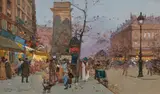 Eugène Galien-Laloue, Abendlich beleuchteter Boulevard an der Porte Saint Denis in Paris, Aquarell und Gouache auf Papier