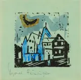 Lyonel Feininger, Gebäude mit Mondsichel, 1920, Holzschnitt, aquarelliert auf blauem dünnem Papier