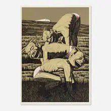 Yue Minjun, The Grassland Series Woodcut 3 (Three Figures), 2008, woodcut in colors