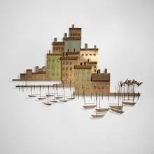 C. Jeré, Seaside Village wall sculpture, 1972, welded and patinated steel and brass