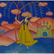 attribution Ilonka Karasz, Fantasy Scene of a Princess Before a Castle and Rolling Hills